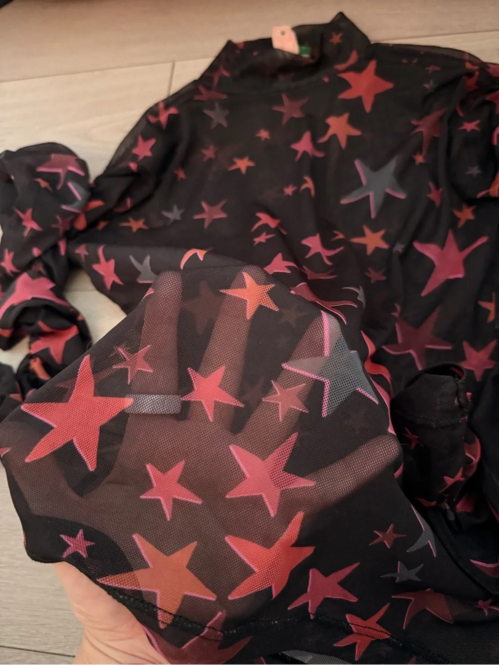 Farm Rio - Sheer Star Print Mock Neck Top - Black with Red Stars - Picture 3 of 3